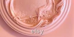 Vintage Evyan Pink Bakelite Screw Top Lid Powder Box w Carved Pastoral Scene