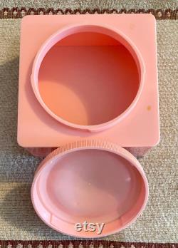 Vintage Evyan Pink Bakelite Screw Top Lid Powder Box w Carved Pastoral Scene