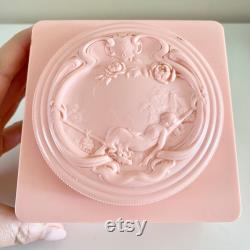 Vintage Evyan Pink Plastic Powder Box, White Shoulders Powder Container, Evyan Perfumes Inc., Art Nouveau Design