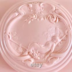 Vintage Evyan Pink Plastic Powder Box, White Shoulders Powder Container, Evyan Perfumes Inc., Art Nouveau Design