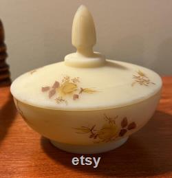 Vintage Fenton Custard Satin Glass Powder Dish with Lid Hand Painted and Signed F. Baxter Lover Antiques and Vintage