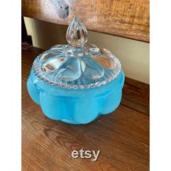 Vintage Fenton Melon Ribbed Blue Dresser Powder Jar Trinket Box with Clear Glass Lid