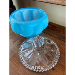 Vintage Fenton Melon Ribbed Blue Dresser Powder Jar Trinket Box with Clear Glass Lid