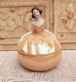 Vintage Figural Elegant Lady Powder Pot Jar Orange Lustre