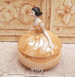 Vintage Figural Elegant Lady Powder Pot Jar Orange Lustre