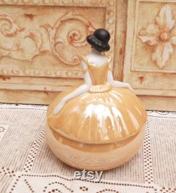Vintage Figural Elegant Lady Powder Pot Jar Orange Lustre