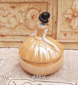 Vintage Figural Elegant Lady Powder Pot Jar Orange Lustre