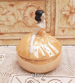 Vintage Figural Elegant Lady Powder Pot Jar Orange Lustre