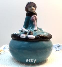 Vintage Figural Lady Art Deco Covered Powder Jar Dish Porcelain Blue Lustre