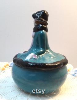 Vintage Figural Lady Art Deco Covered Powder Jar Dish Porcelain Blue Lustre