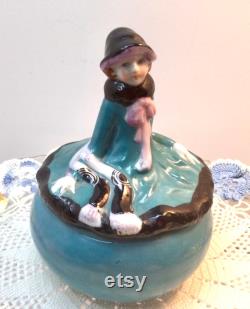 Vintage Figural Lady Art Deco Covered Powder Jar Dish Porcelain Blue Lustre