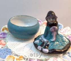 Vintage Figural Lady Art Deco Covered Powder Jar Dish Porcelain Blue Lustre