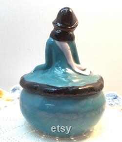 Vintage Figural Lady Art Deco Covered Powder Jar Dish Porcelain Blue Lustre