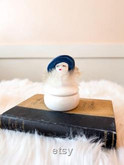 Vintage Flapper Girl with Feather Boa Trinket Box or Powder Jar I.W. Rice