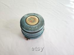 Vintage Floral Blue Footed Metal Musical Powder Box - Retro Shabby Cottage Weathered Darling Jewelry Box - Antique Style Home Decor