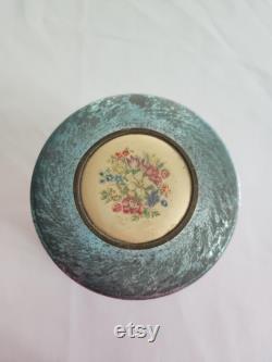 Vintage Floral Blue Footed Metal Musical Powder Box - Retro Shabby Cottage Weathered Darling Jewelry Box - Antique Style Home Decor
