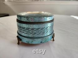 Vintage Floral Blue Footed Metal Musical Powder Box - Retro Shabby Cottage Weathered Darling Jewelry Box - Antique Style Home Decor