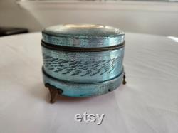 Vintage Floral Blue Footed Metal Musical Powder Box - Retro Shabby Cottage Weathered Darling Jewelry Box - Antique Style Home Decor