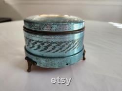 Vintage Floral Blue Footed Metal Musical Powder Box - Retro Shabby Cottage Weathered Darling Jewelry Box - Antique Style Home Decor