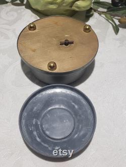 Vintage Floral Design Footed Aluminum Powder Puff Music Box Made In Switzerland Plays Wedding March Here Comes The Bride