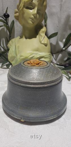 Vintage Floral Design Footed Aluminum Powder Puff Music Box Made In Switzerland Plays Wedding March Here Comes The Bride