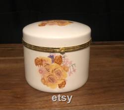 Vintage Floral Porcelain Jewelry Box, Large Circular Powder Box, Yellow, Purple Pink and Orange Flowers, Gold Trinket Dish, Vanity Dish