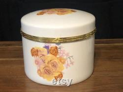 Vintage Floral Porcelain Jewelry Box, Large Circular Powder Box, Yellow, Purple Pink and Orange Flowers, Gold Trinket Dish, Vanity Dish