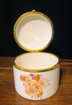 Vintage Floral Porcelain Jewelry Box, Large Circular Powder Box, Yellow, Purple Pink and Orange Flowers, Gold Trinket Dish, Vanity Dish