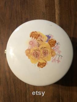 Vintage Floral Porcelain Jewelry Box, Large Circular Powder Box, Yellow, Purple Pink and Orange Flowers, Gold Trinket Dish, Vanity Dish