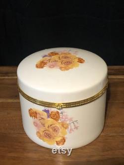 Vintage Floral Porcelain Jewelry Box, Large Circular Powder Box, Yellow, Purple Pink and Orange Flowers, Gold Trinket Dish, Vanity Dish