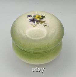 Vintage Floral Porcelain Powder Box Green and White with Flowers 3.75