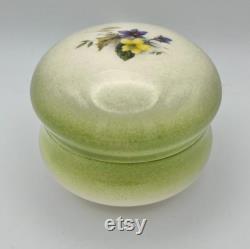 Vintage Floral Porcelain Powder Box Green and White with Flowers 3.75
