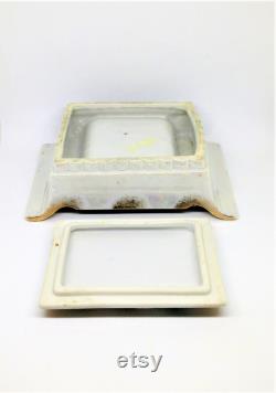 Vintage Floral Porcelain Vanity Jar Bird and Yellow Gold Relief Jewelry Box