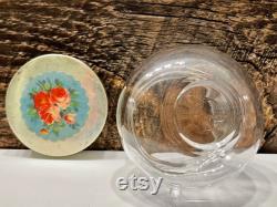 Vintage Floral Vanity Powder Jar, Crystal Glass Powder Jar, Gold Tone Screw Top Cover, Red Rose Top, Vintage Glass Powder Box, Vanity Decor
