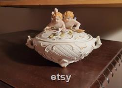 Vintage Footed Bisque Powder Box with Cherubs