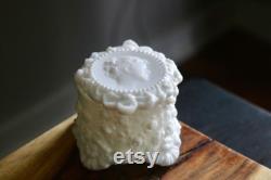 Vintage Fostoria Cameo Box, Bougie Dresser Jar, Milk Glass Jenny Lind Embossed Cameo and Rose Powder Box, Collector Gift, Elegant Grannycore