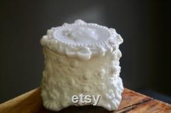 Vintage Fostoria Cameo Box, Bougie Dresser Jar, Milk Glass Jenny Lind Embossed Cameo and Rose Powder Box, Collector Gift, Elegant Grannycore