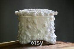 Vintage Fostoria Cameo Box, Bougie Dresser Jar, Milk Glass Jenny Lind Embossed Cameo and Rose Powder Box, Collector Gift, Elegant Grannycore