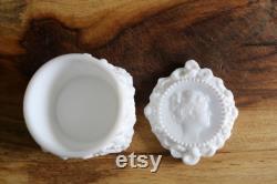 Vintage Fostoria Cameo Box, Bougie Dresser Jar, Milk Glass Jenny Lind Embossed Cameo and Rose Powder Box, Collector Gift, Elegant Grannycore