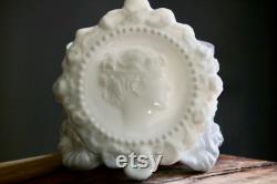 Vintage Fostoria Cameo Box, Bougie Dresser Jar, Milk Glass Jenny Lind Embossed Cameo and Rose Powder Box, Collector Gift, Elegant Grannycore