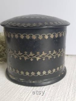 Vintage French Chinoiserie Black Papier Mâché Powder Box Napoleon II Period. Victorian Ladies Boudoir Powder Box. Patterned Metal Inlay