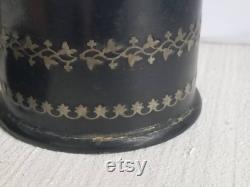 Vintage French Chinoiserie Black Papier Mâché Powder Box Napoleon II Period. Victorian Ladies Boudoir Powder Box. Patterned Metal Inlay