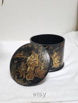 Vintage French Chinoiserie Black Papier Mâché Powder Box Napoleon II Period with Gilded Garden Scenes of Children Playing.