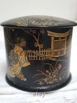 Vintage French Chinoiserie Black Papier Mâché Powder Box Napoleon II Period with Gilded Garden Scenes of Children Playing.