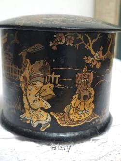 Vintage French Chinoiserie Black Papier Mâché Powder Box Napoleon II Period with Gilded Garden Scenes of Children Playing.