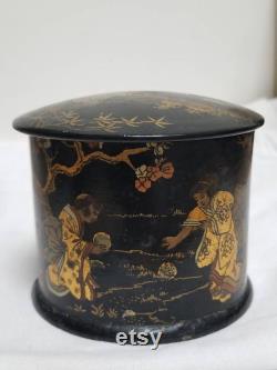 Vintage French Chinoiserie Black Papier Mâché Powder Box Napoleon II Period with Gilded Garden Scenes of Children Playing.