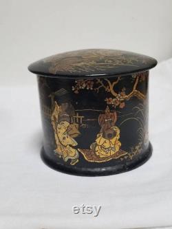 Vintage French Chinoiserie Black Papier Mâché Powder Box Napoleon II Period with Gilded Garden Scenes of Children Playing.