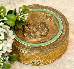 Vintage French Gold Powder Box with Musicians Green Enamel, Gold Dresser Box, Vanity Decor, Decorative Brass Candy Box, Bathroom Decor
