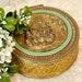Vintage French Gold Powder Box with Musicians Green Enamel, Gold Dresser Box, Vanity Decor, Decorative Brass Candy Box, Bathroom Decor