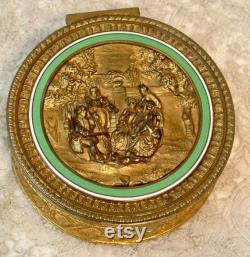 Vintage French Gold Powder Box with Musicians Green Enamel, Gold Dresser Box, Vanity Decor, Decorative Brass Candy Box, Bathroom Decor